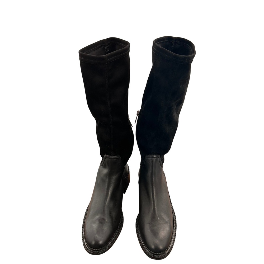 Aquatalia Womens Black Leather Stretch Suede Tall Lug Sole Boots Size 8.5 Italy